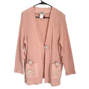 Vtg Pink Waffle Knit Cotton Cardigan Jacket Gauze L Art to Wear Teacher USA Made